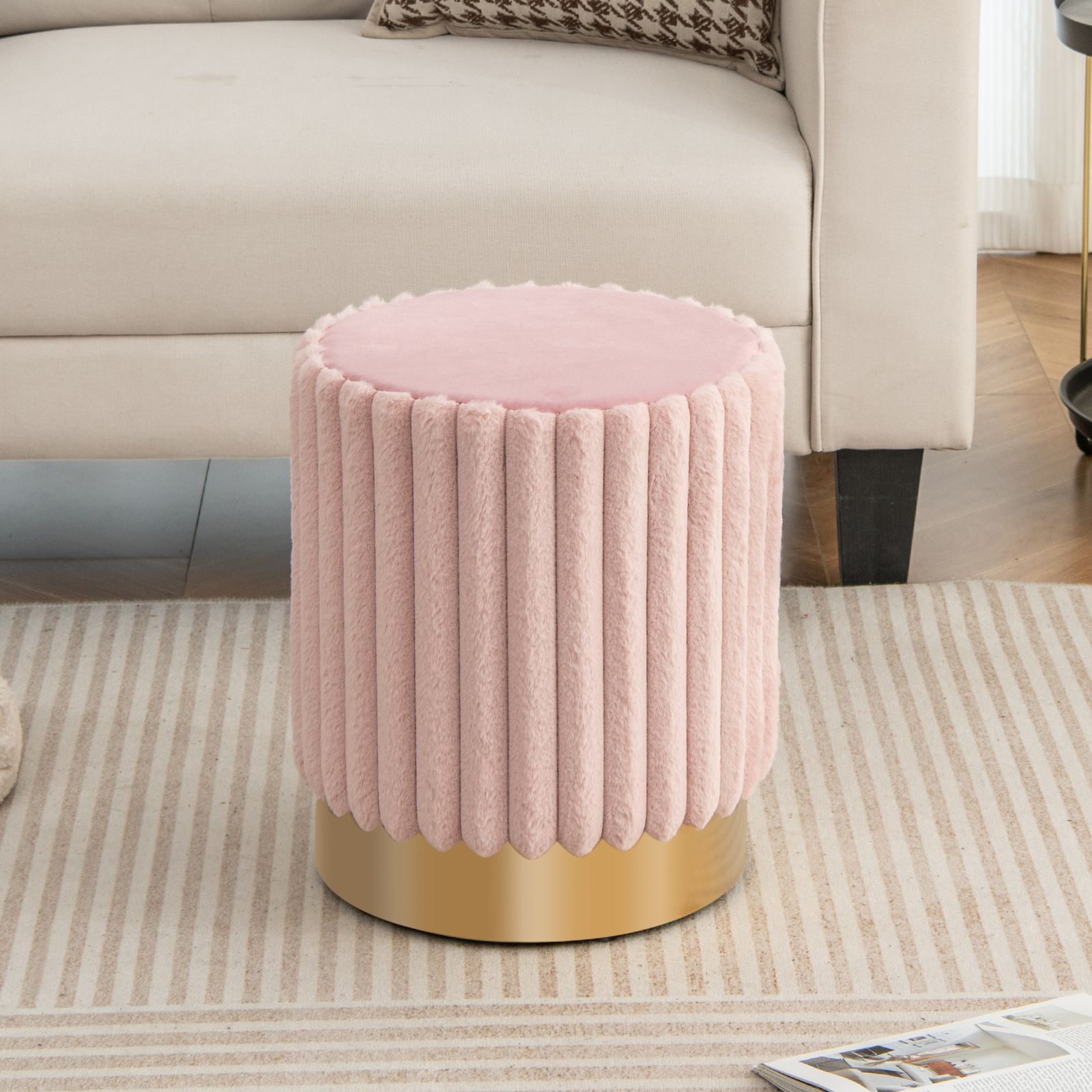 Upholstered Footrest Stool with Decorative Vertical Tufting and Heavy-duty Metal Base Pink